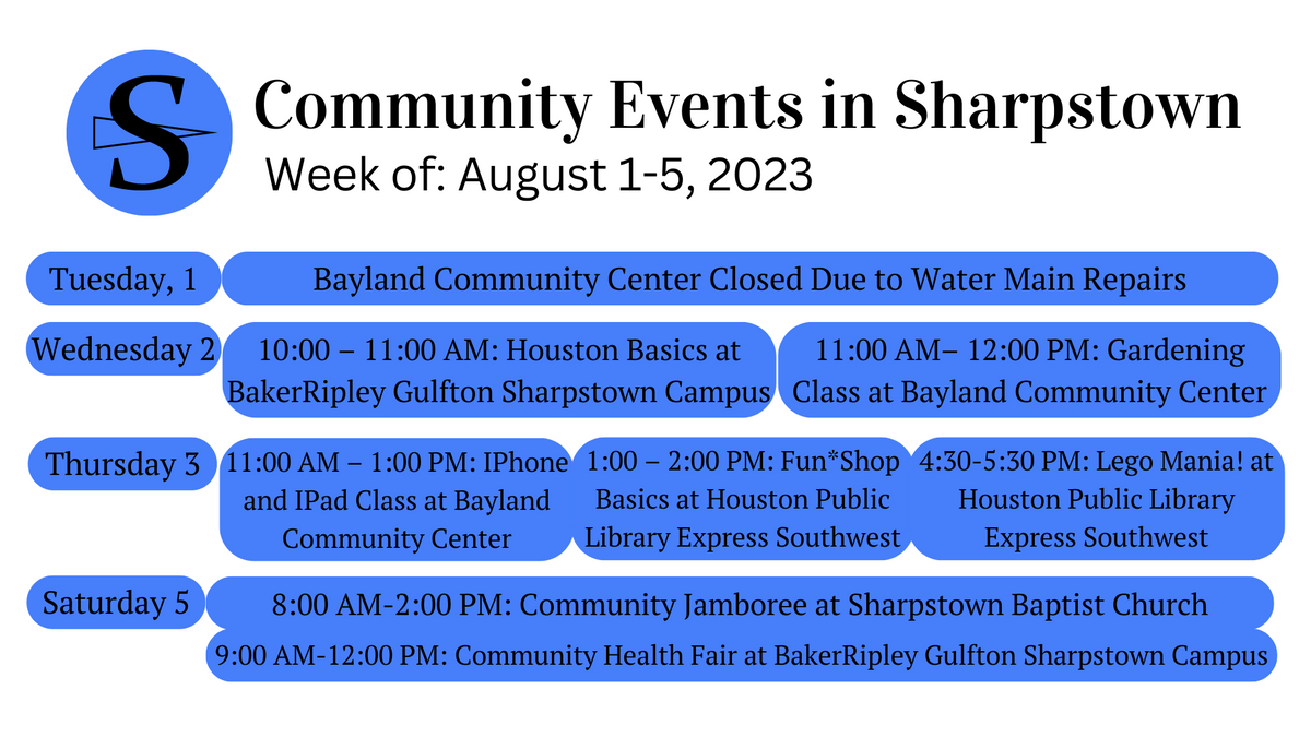 Sharpstown Community Events: August 1-5, 2023