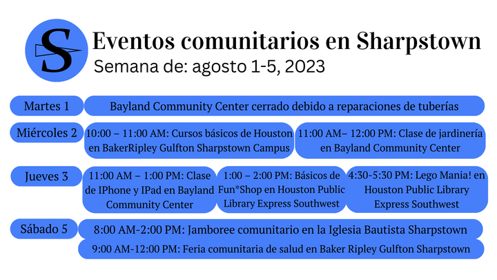 Eventos comunitarios de Sharpstown: del 1 al 5 de agosto de 2023