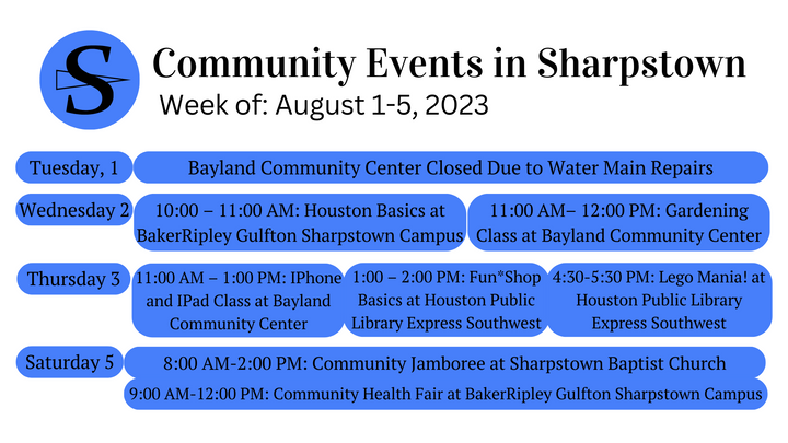 Sharpstown Community Events: August 1-5, 2023